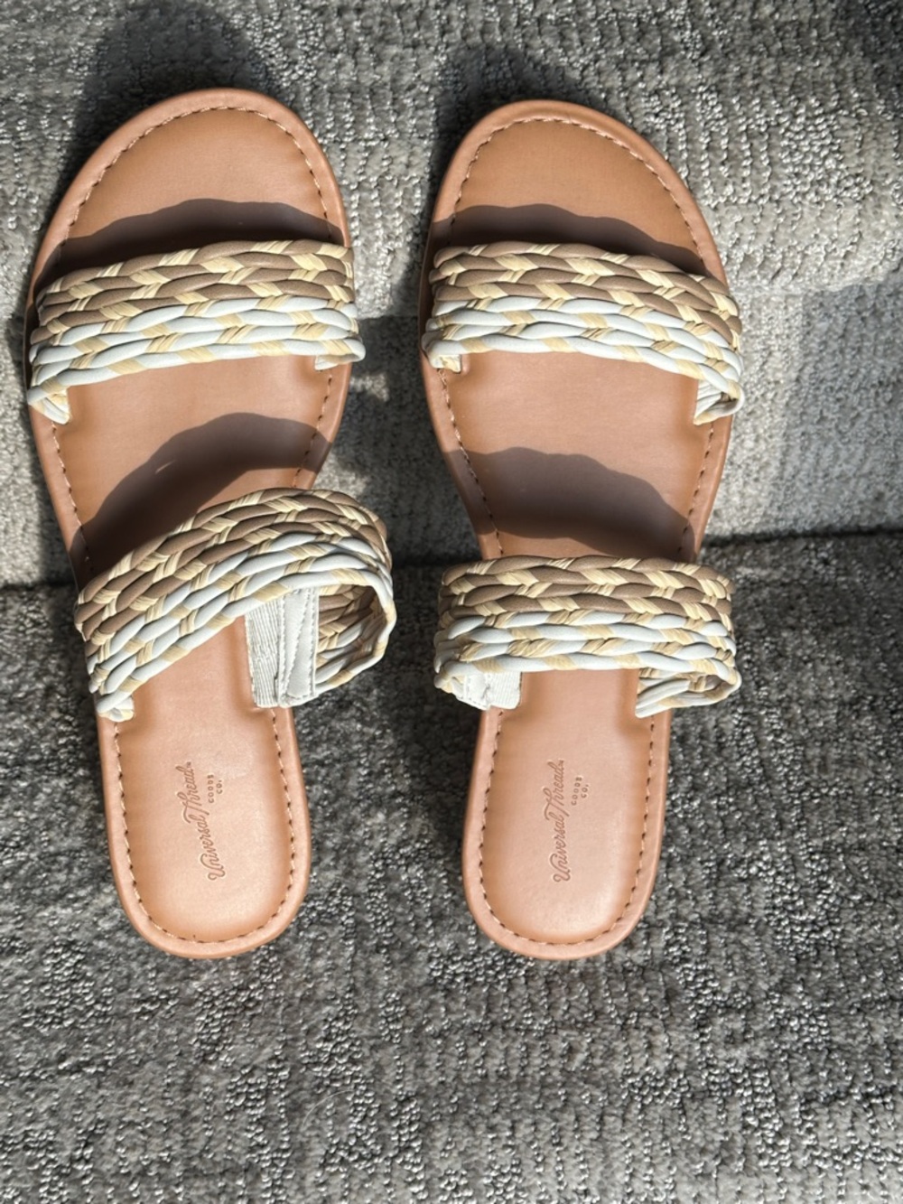 Braided Double-Strap Slide Sandals in Tan & Cream